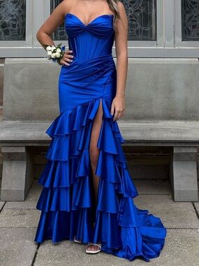 Sherri Hill Royal Blue Strapless Ruffled Prom Gown